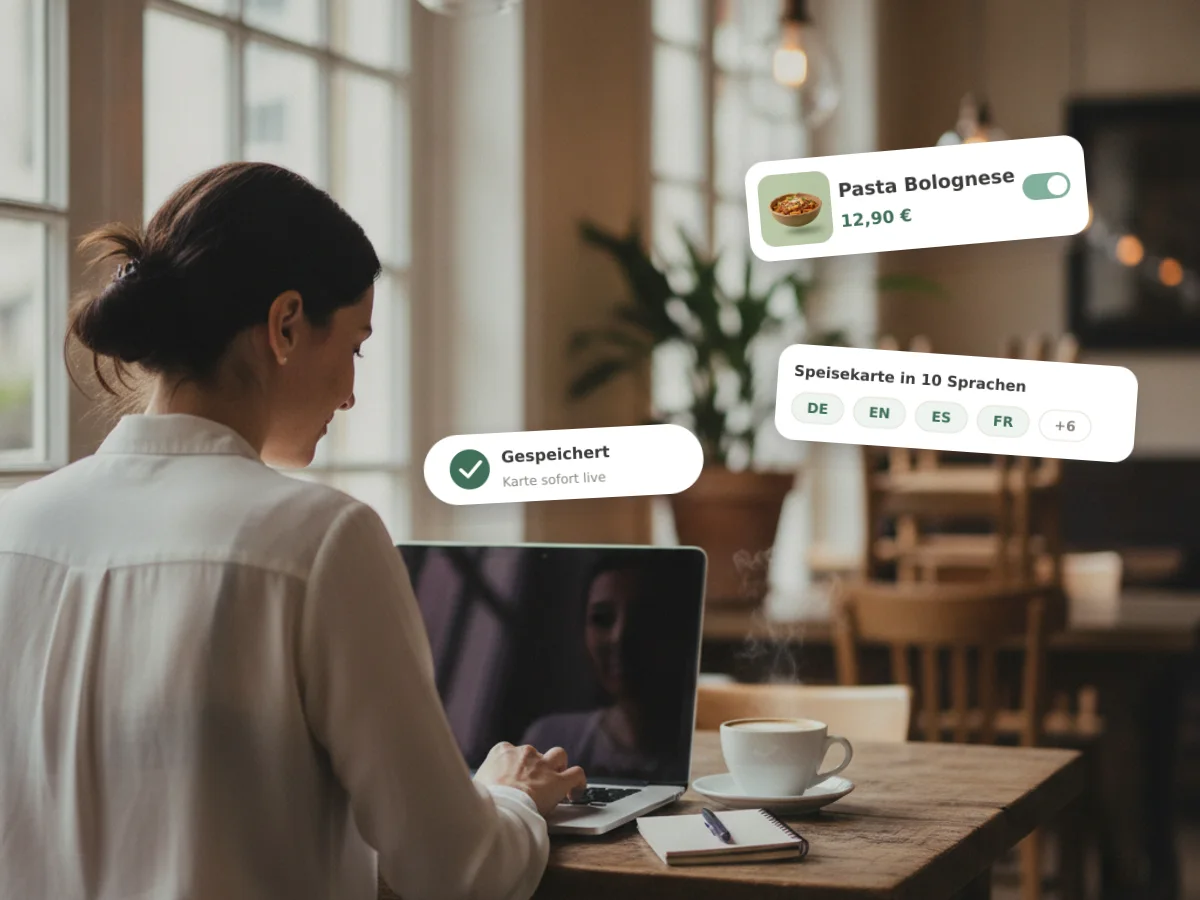 Eine Gruppe am Restauranttisch sieht die digitale Speisekarte am Handy, mit Gerichtsfotos, Preisen und Warenkorb-Summe