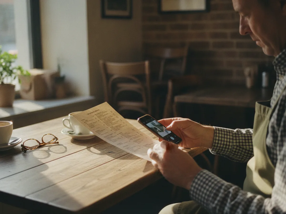 Telefon fotografujący drukowane menu restauracji na kawiarnianym stoliku