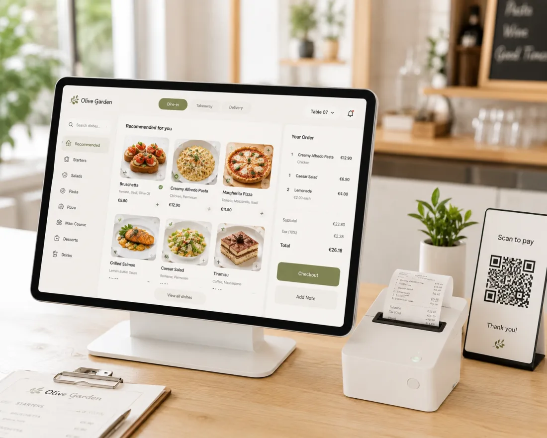 Ein Kassenterminal am Tresen eines vollen Restaurants zeigt die Speisekarte und eine laufende Dine-in-Bestellung mit Positionen, Steuer und Summe