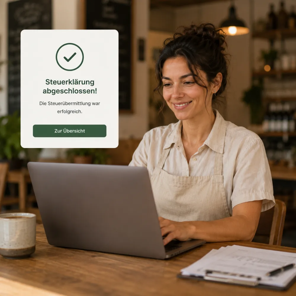 Eine Café-Mitarbeiterin kommt zur offenen Tür, daneben ein Tablet mit dem Zeiterfassungs-Einstempeln und einem Kommen-Button