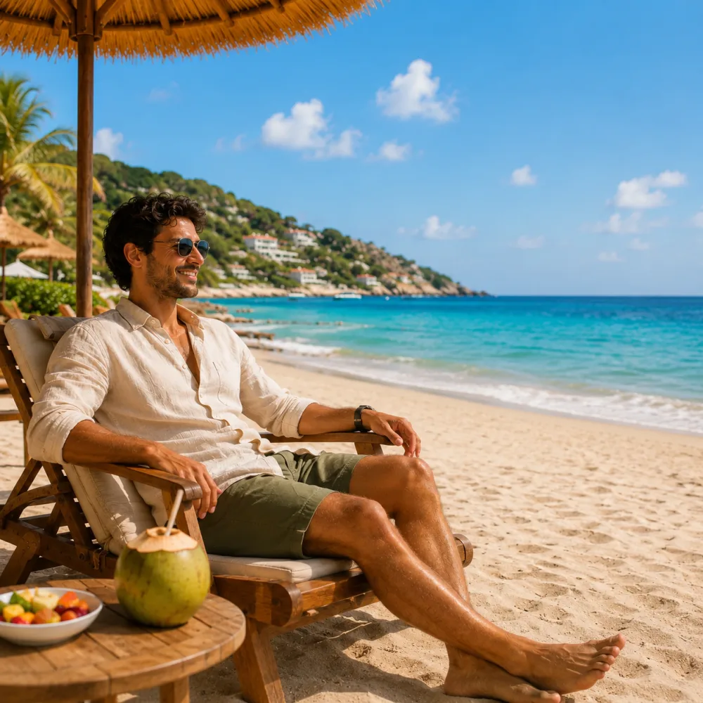 Eine entspannte Mitarbeiterin auf einer Strandliege mit einer Urlaubs-genehmigt-Benachrichtigung über zwei Wochen frei